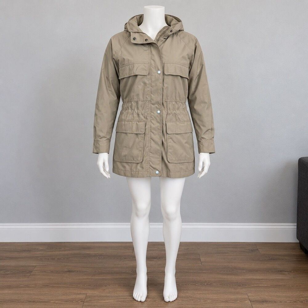 Eddie Bauer Womens M Khaki Utility Safari Jacket Hooded Field Coat Vintage Parka